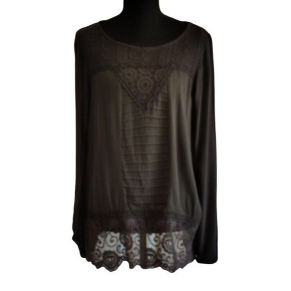 Taylor & Sage Charcoal Gray Black Lace Inset Pintuck Boho Tunic Blouse Sz L